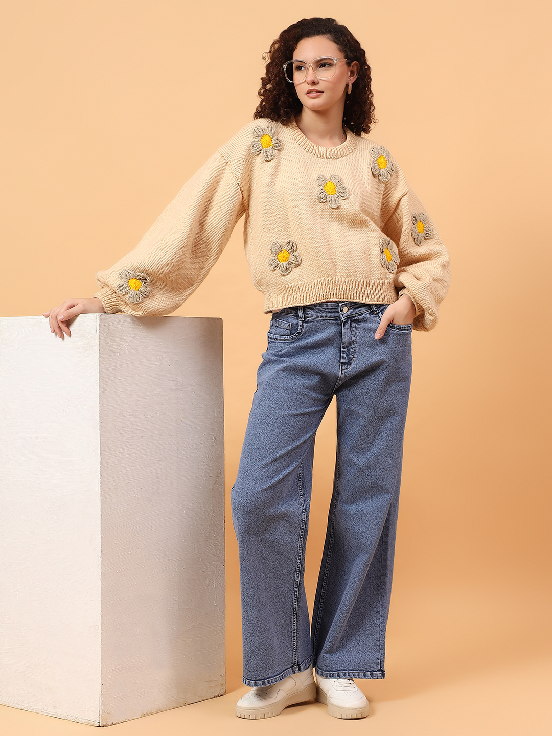 Velvery Floral Applique Sweater - Beige