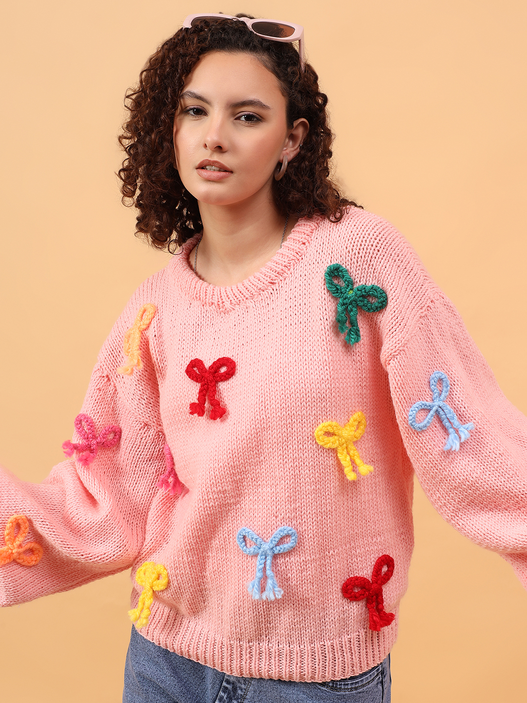Velvery Round Neck Bow Sweater - Pink