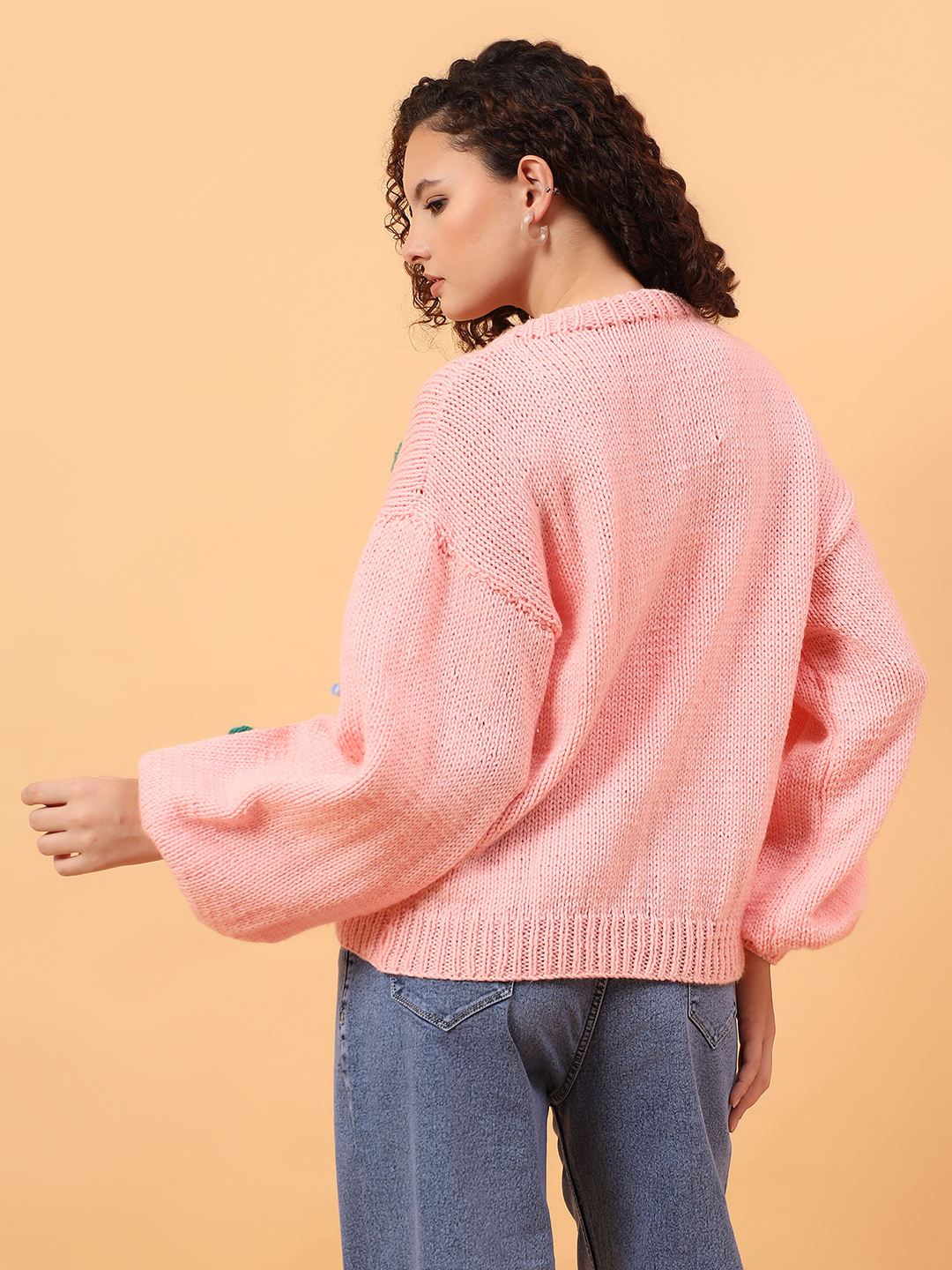 Velvery Round Neck Bow Sweater - Pink