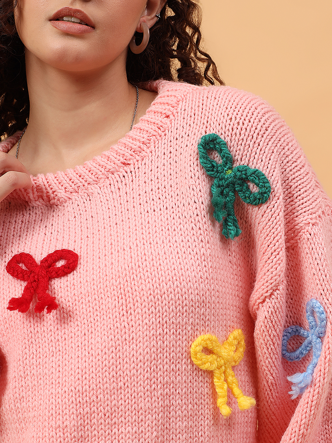 Velvery Round Neck Bow Sweater - Pink