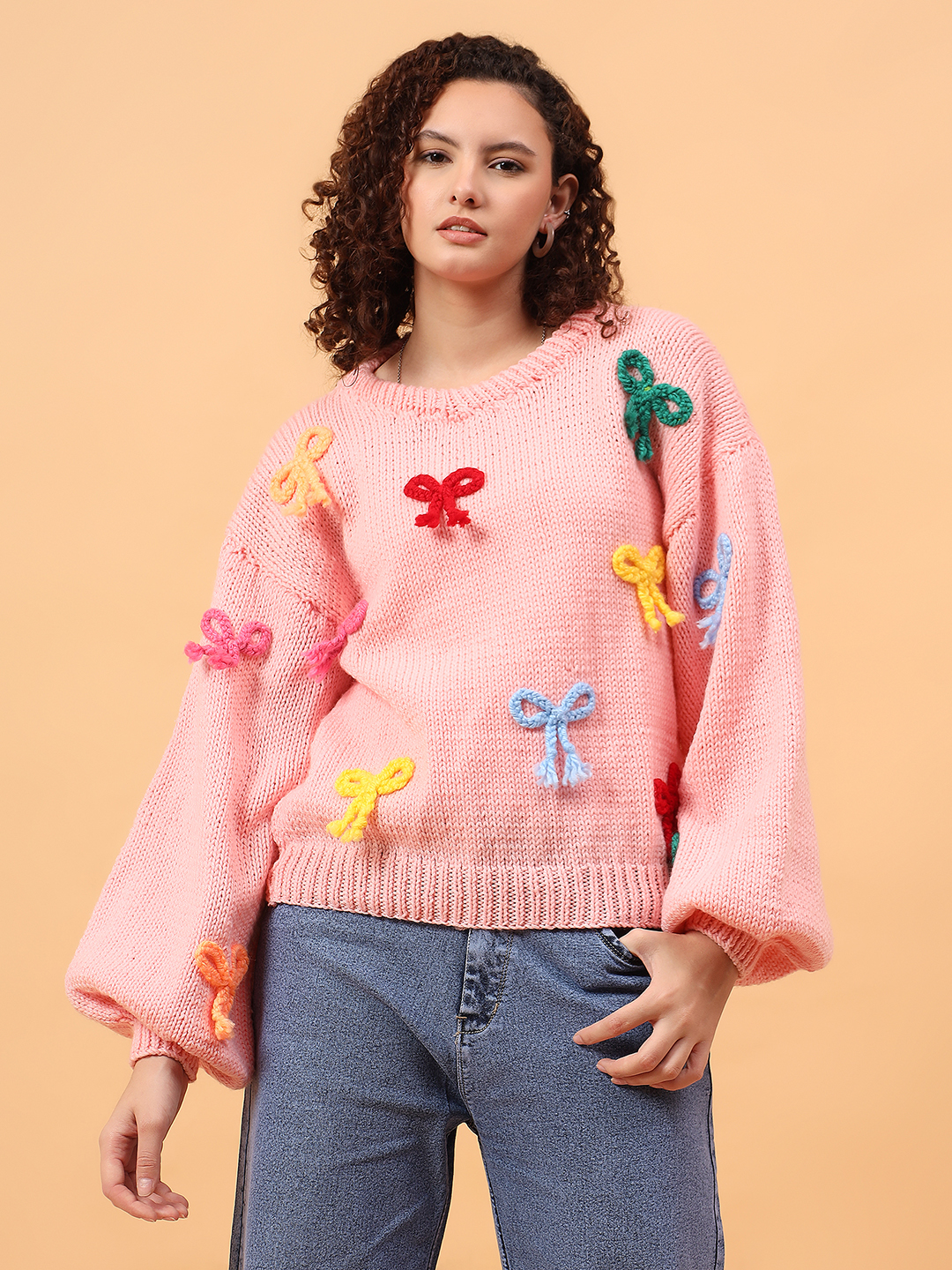Velvery Round Neck Bow Sweater - Pink