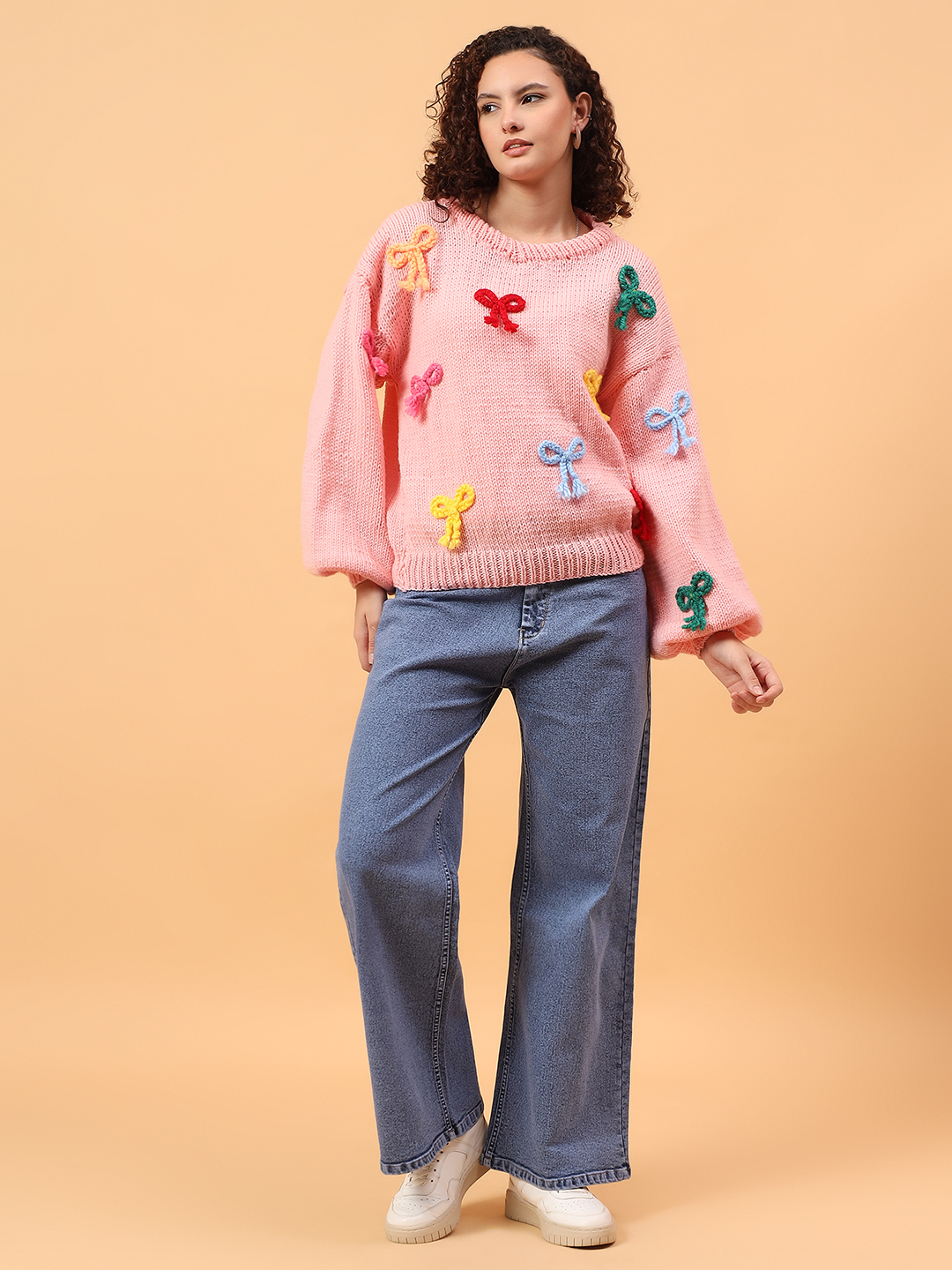 Velvery Round Neck Bow Sweater - Pink
