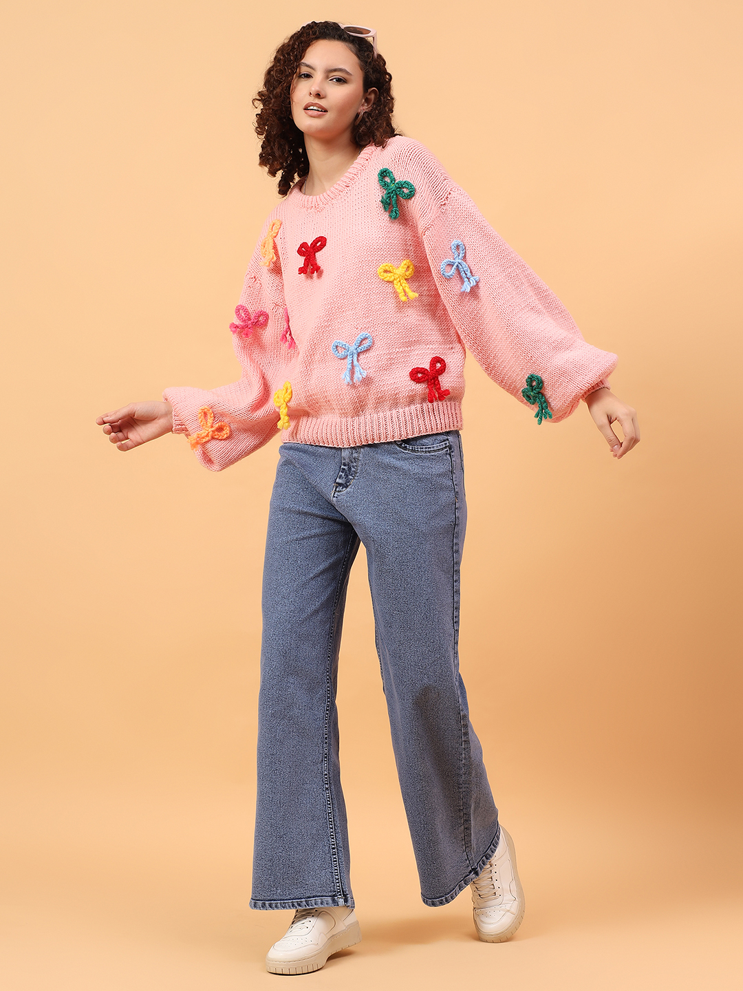 Velvery Round Neck Bow Sweater - Pink