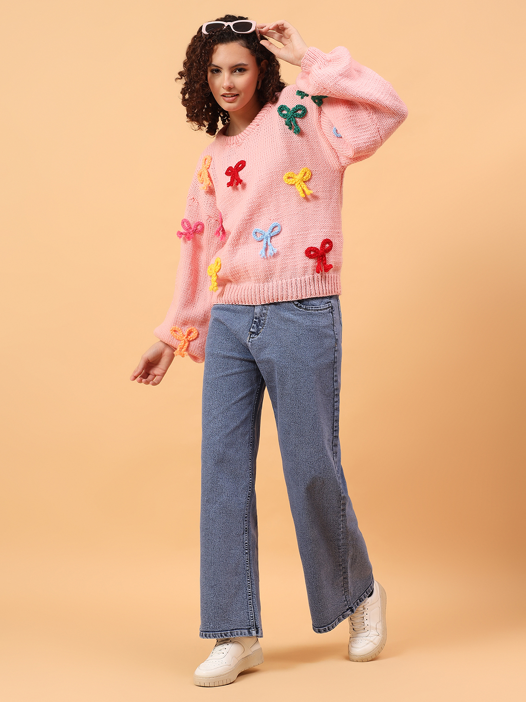Velvery Round Neck Bow Sweater - Pink