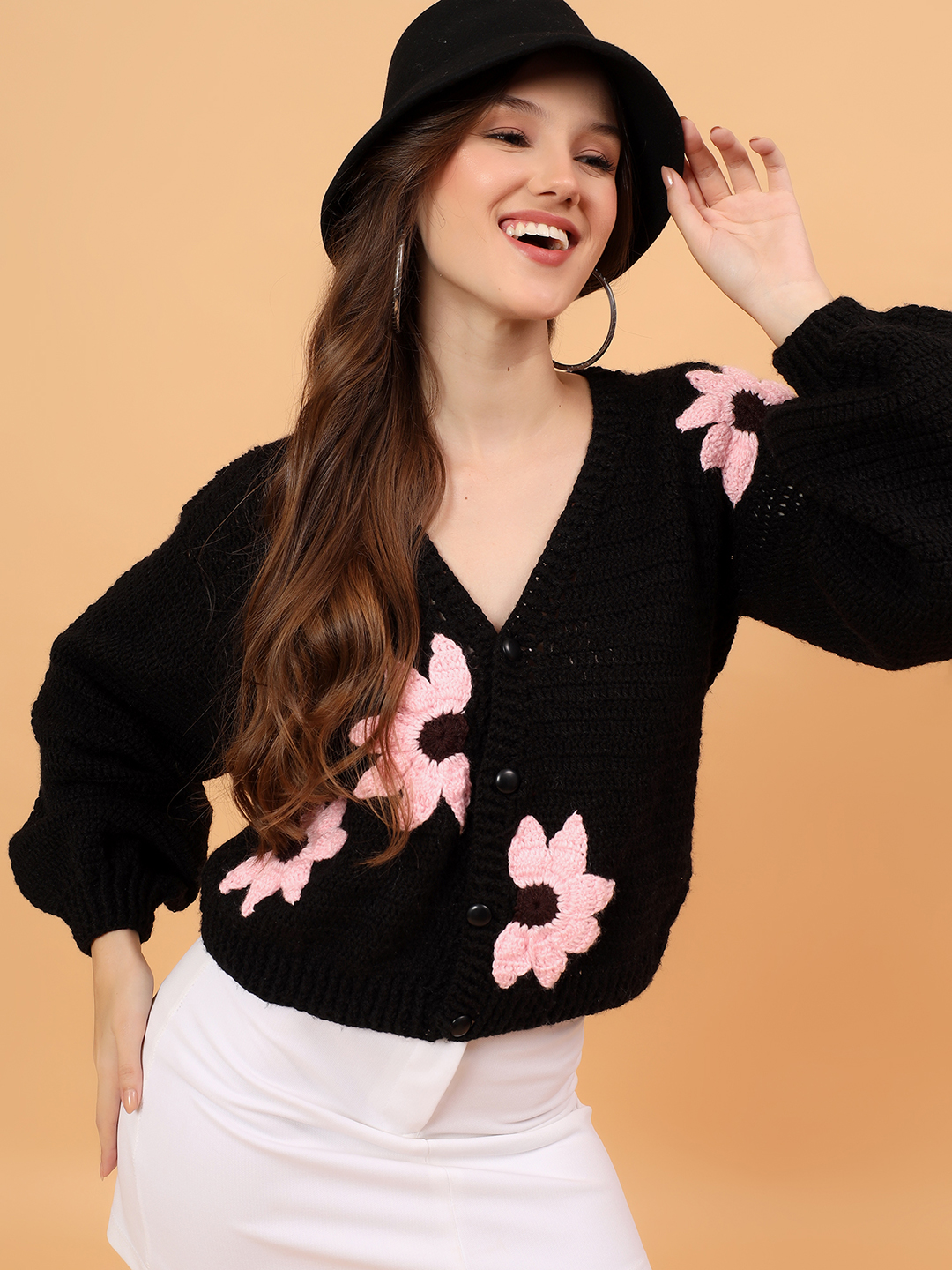 Velvery Crochet Floral Embellished Cardigan - Black