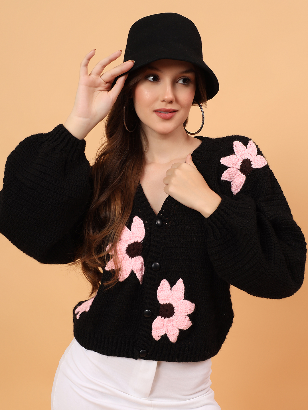 Velvery Crochet Floral Embellished Cardigan - Black