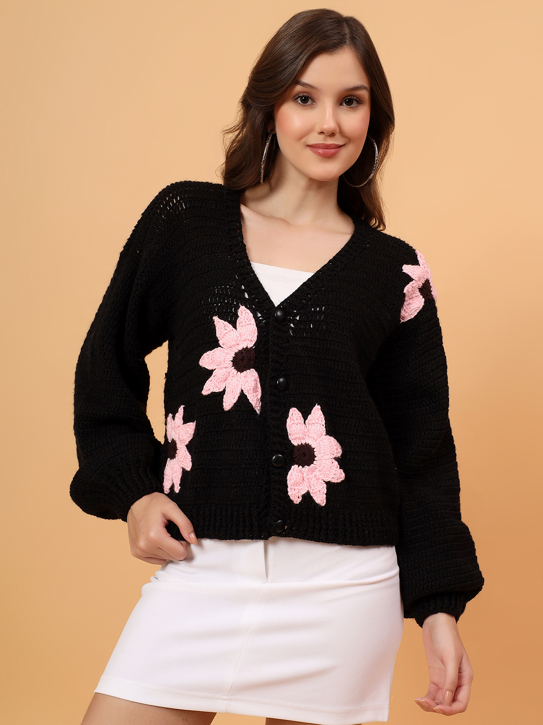 Velvery Crochet Floral Embellished Cardigan - Black