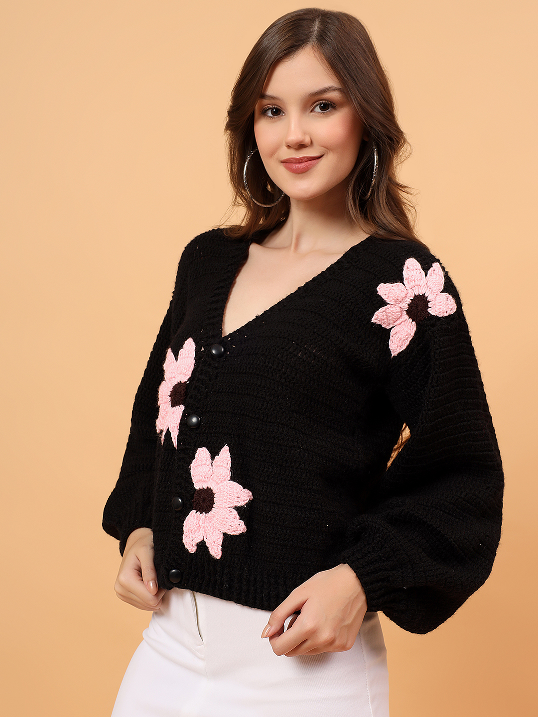 Velvery Crochet Floral Embellished Cardigan - Black