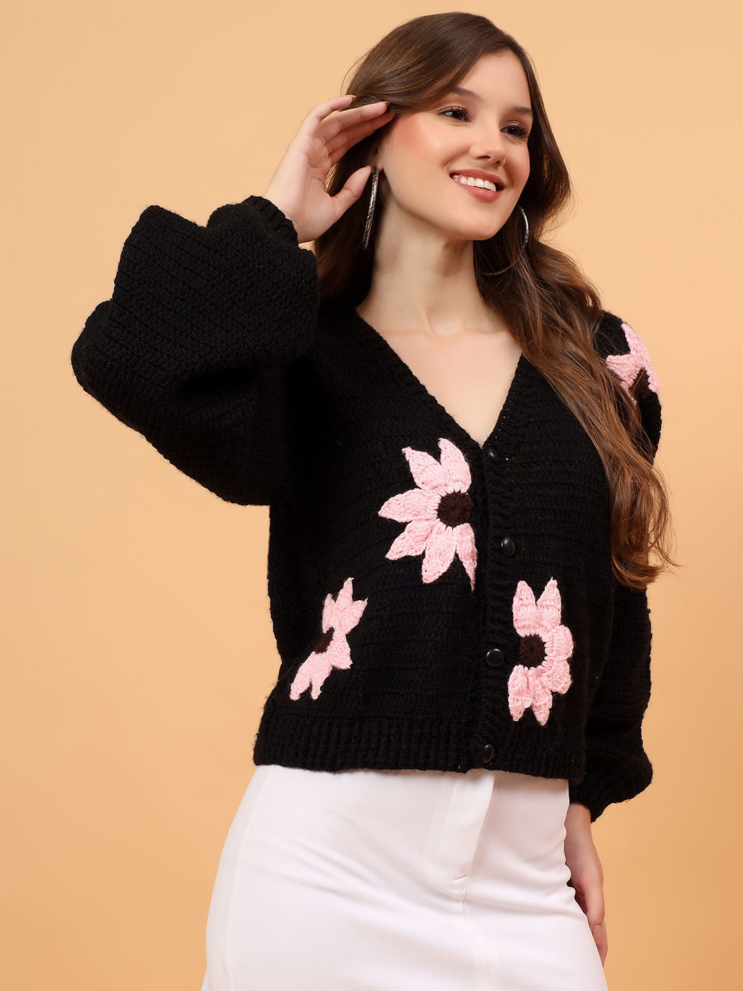 Velvery Crochet Floral Embellished Cardigan - Black