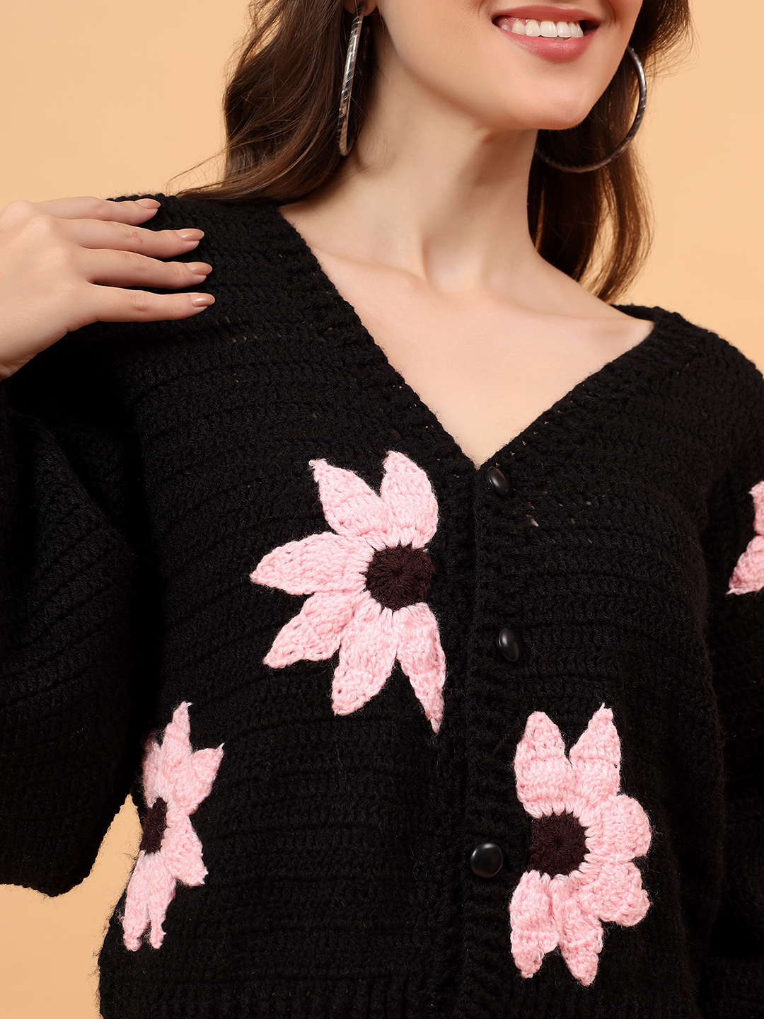 Velvery Crochet Floral Embellished Cardigan - Black