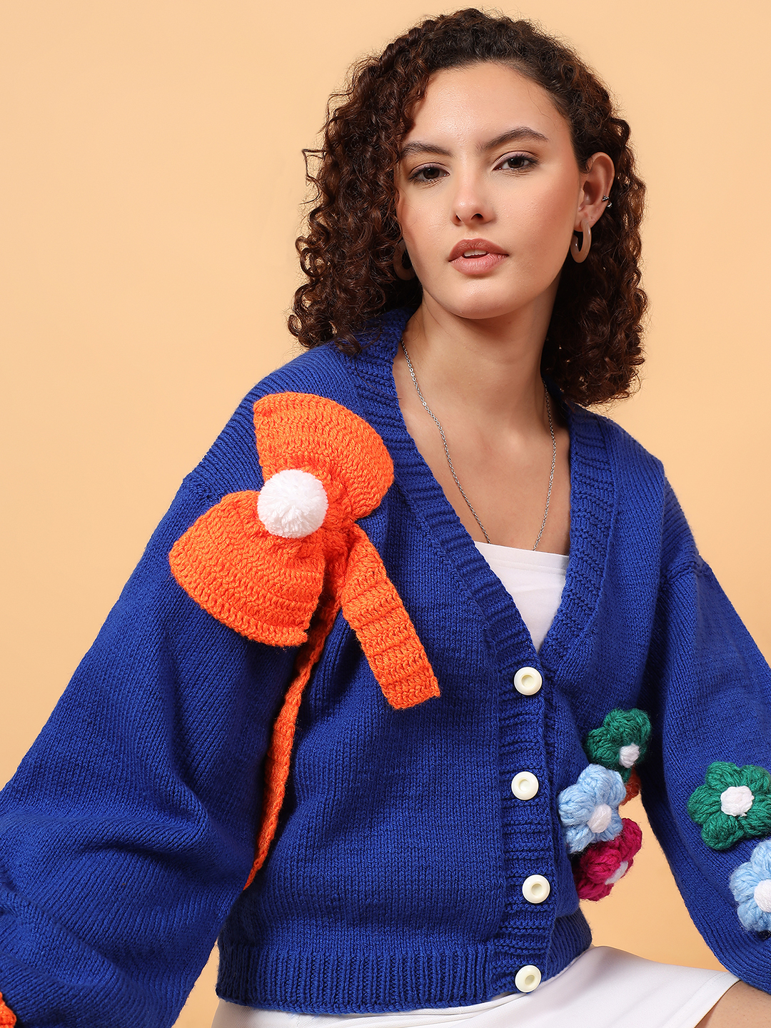 Big Bow Floral Appliques Cardigan - Blue