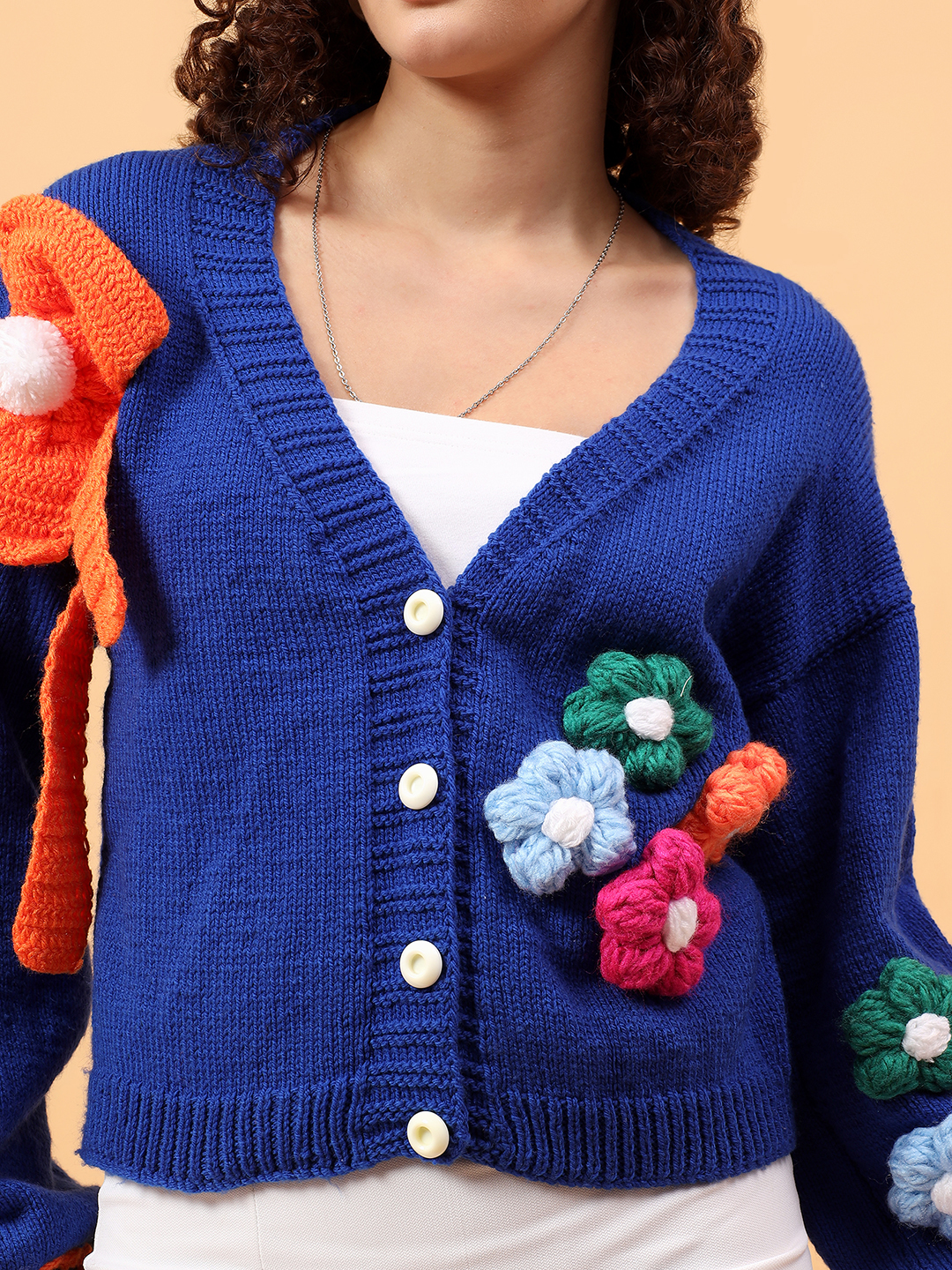 Big Bow Floral Appliques Cardigan - Blue