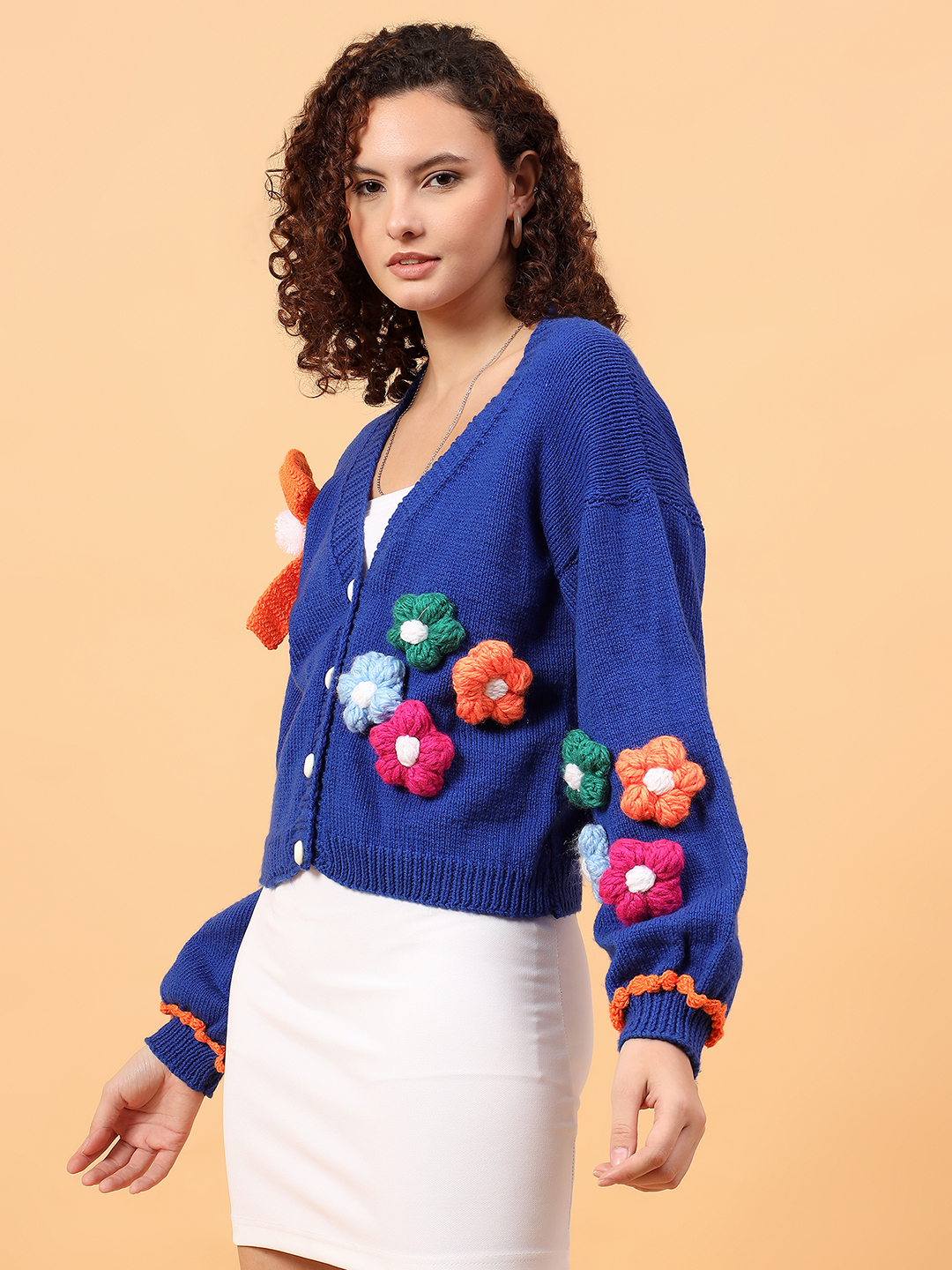 Big Bow Floral Appliques Cardigan - Blue