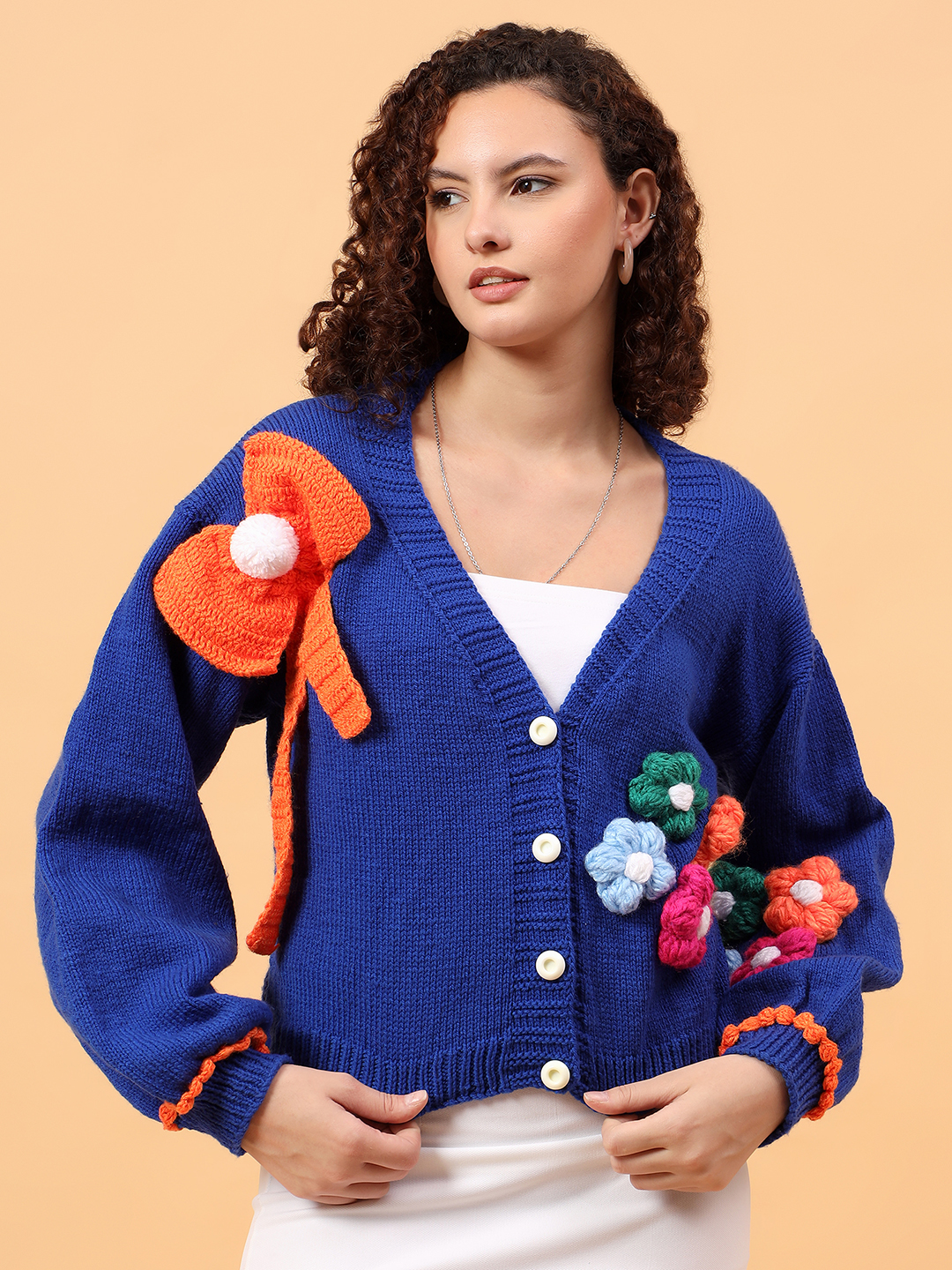 Big Bow Floral Appliques Cardigan - Blue