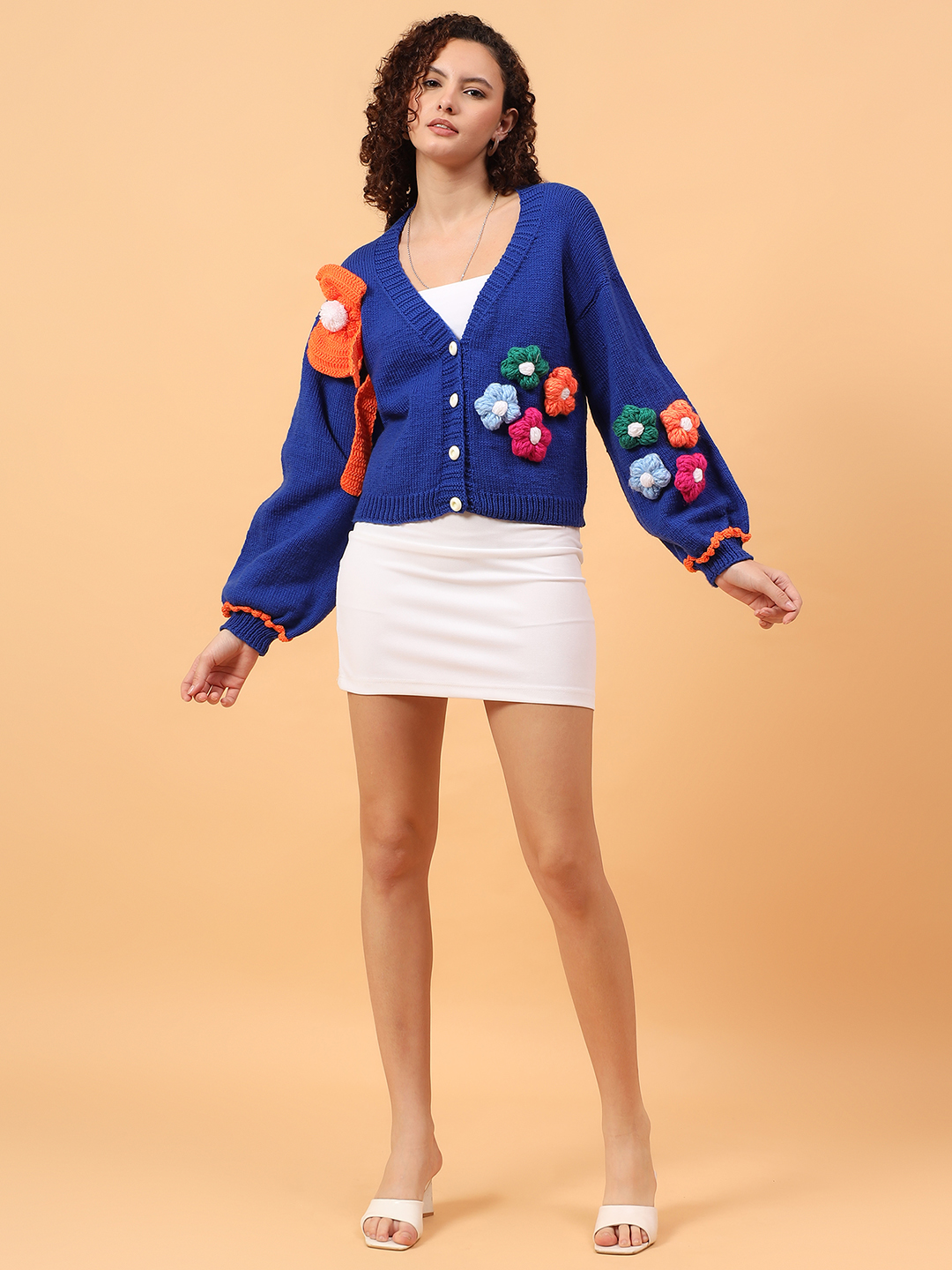 Big Bow Floral Appliques Cardigan - Blue