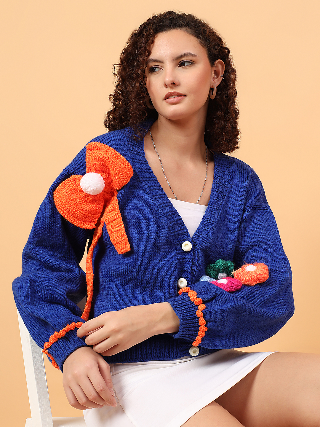 Big Bow Floral Appliques Cardigan - Blue