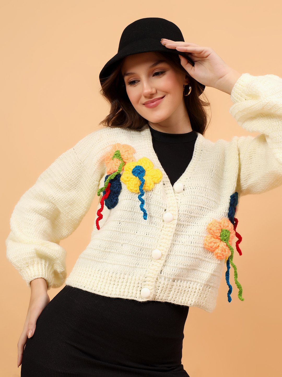 Velvery Crochet Colorful Floral Cardigan with Hangings