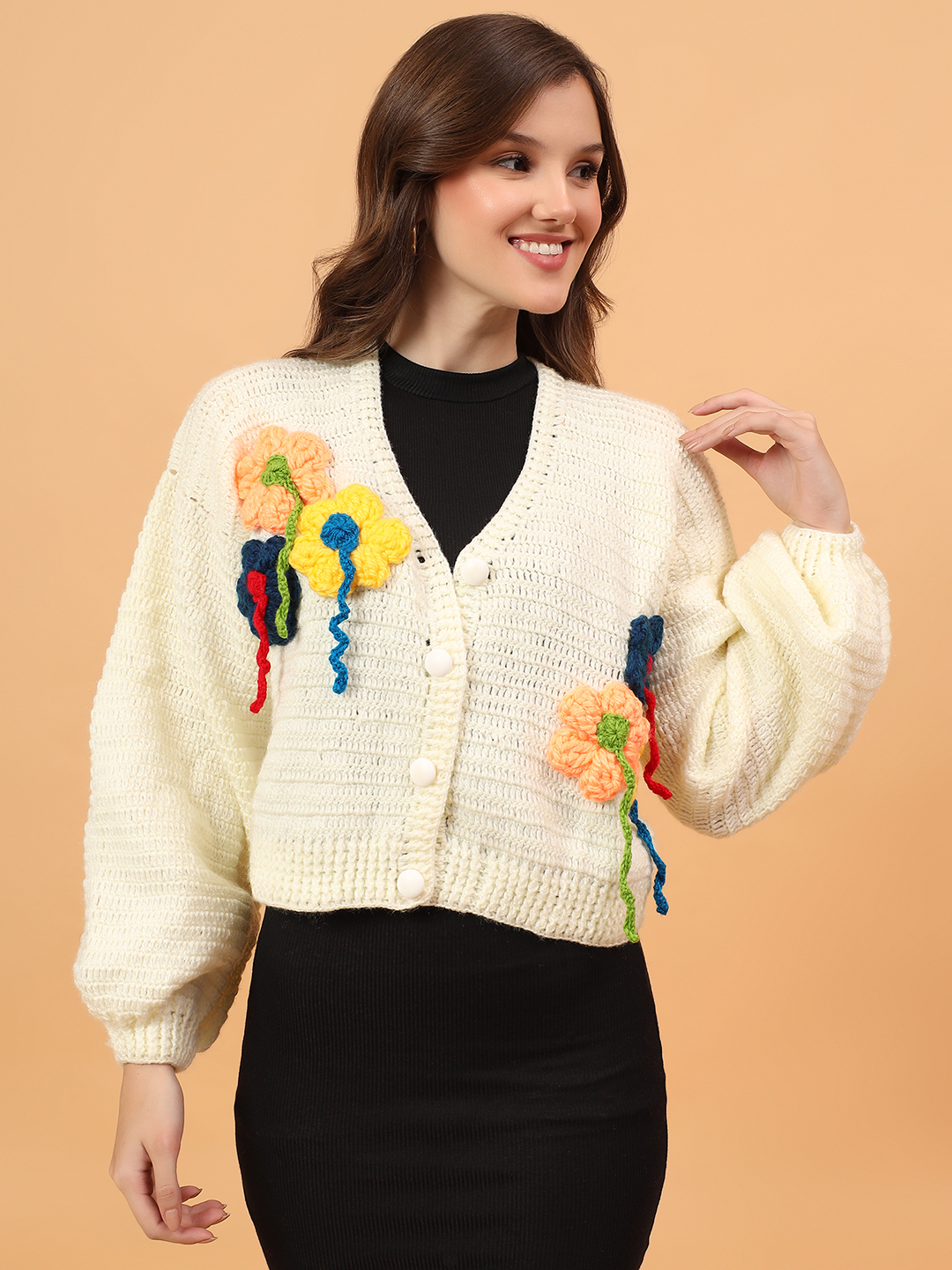 Velvery Crochet Colorful Floral Cardigan with Hangings