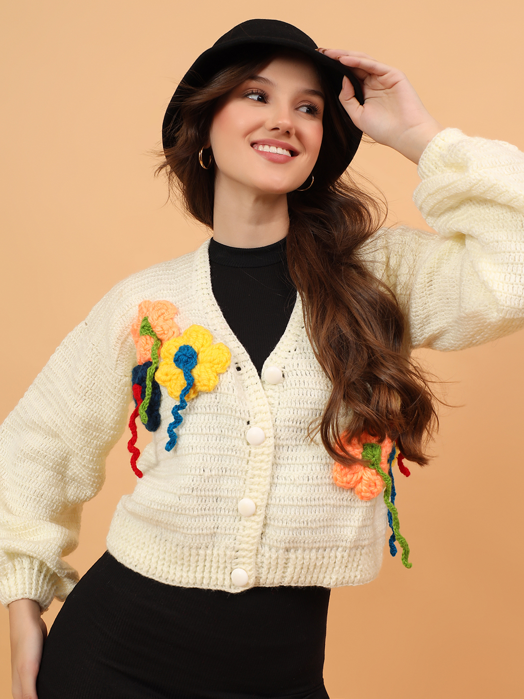 Velvery Crochet Colorful Floral Cardigan with Hangings