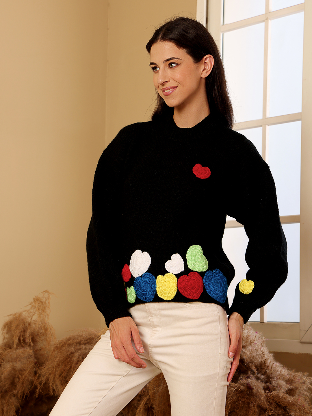 Colorful Heart Appliques Sweater - Black