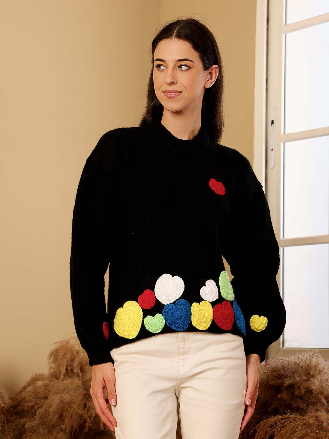 Colorful Heart Appliques Sweater - Black