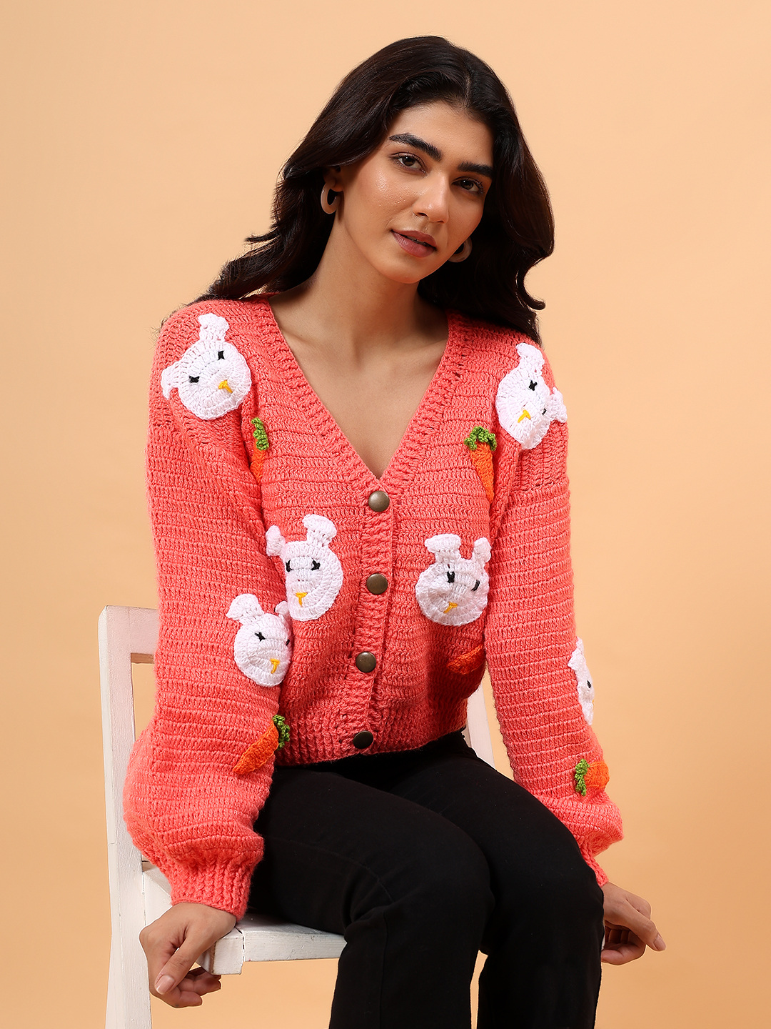 Velvery Crochet Rabbit and Carrot Cardigan - Peach