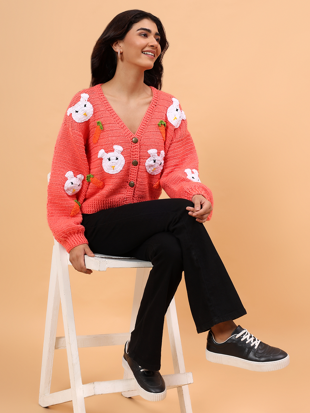 Velvery Crochet Rabbit and Carrot Cardigan - Peach