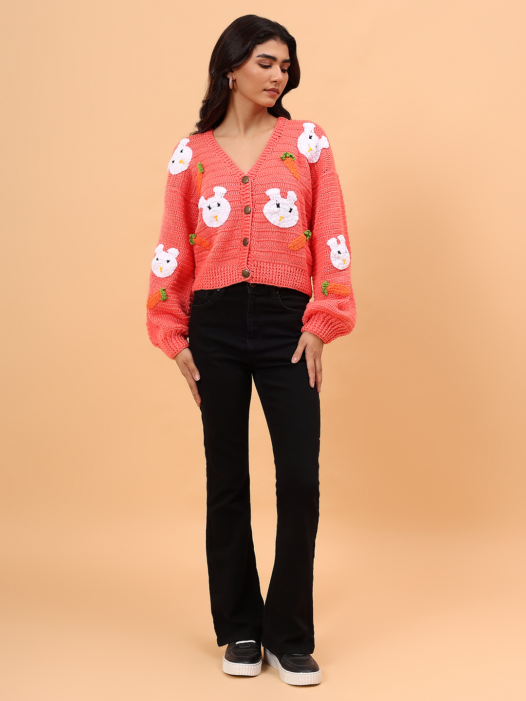 Velvery Crochet Rabbit and Carrot Cardigan - Peach