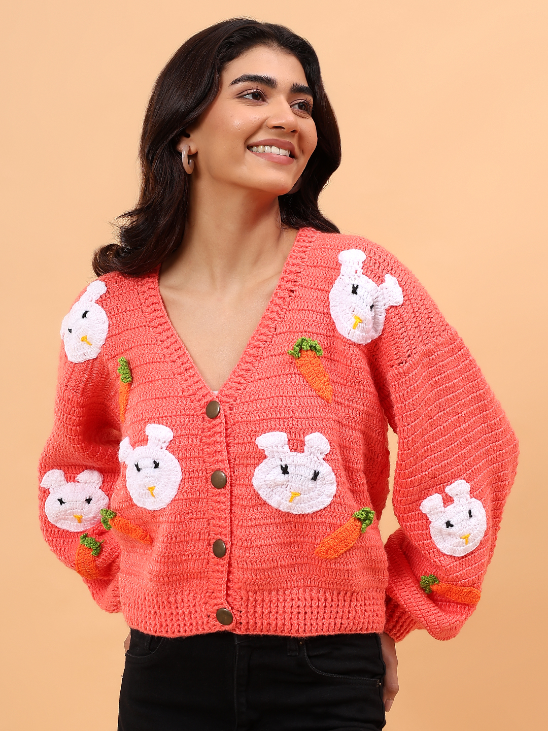 Velvery Crochet Rabbit and Carrot Cardigan - Peach