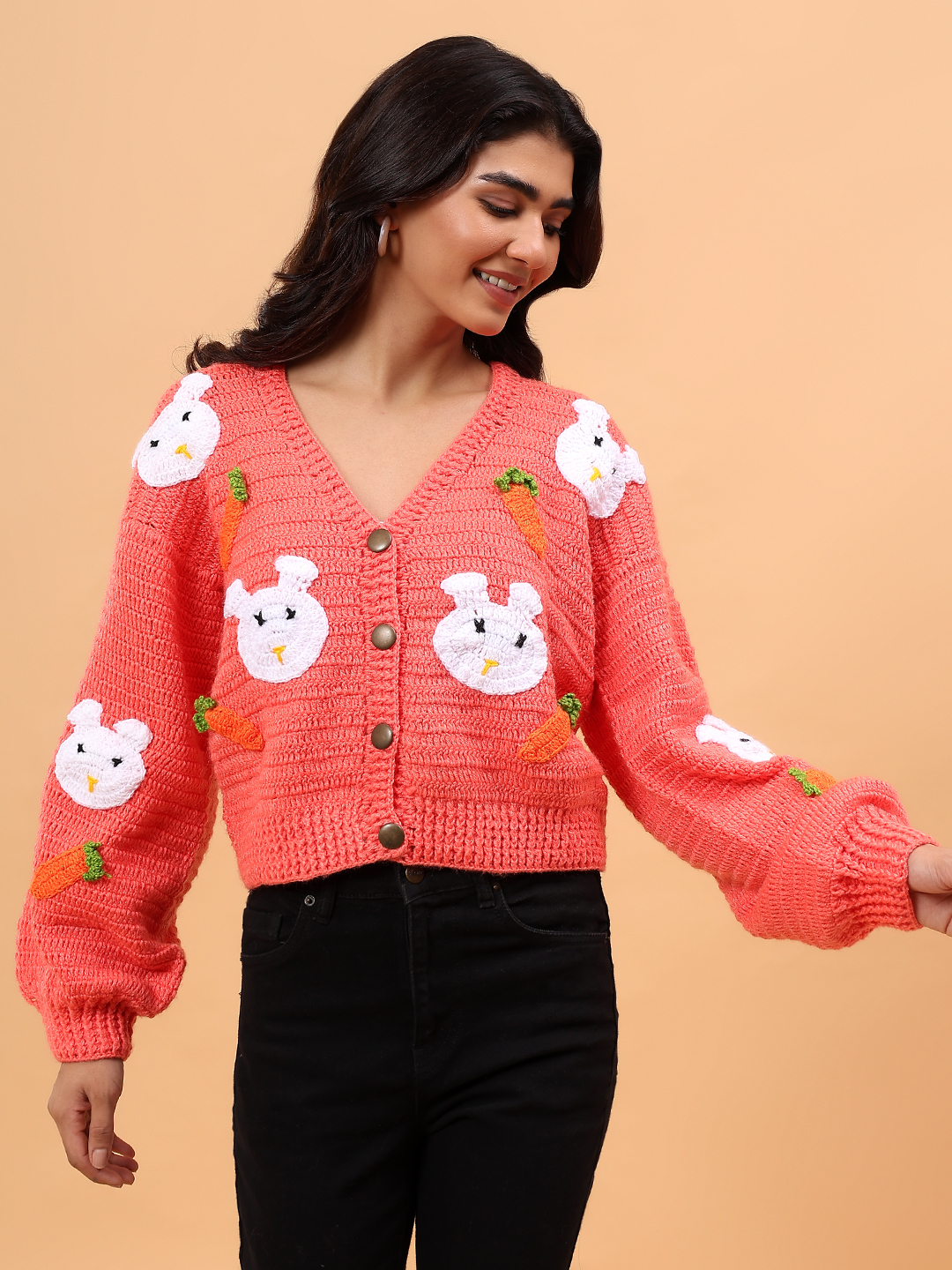 Velvery Crochet Rabbit and Carrot Cardigan - Peach