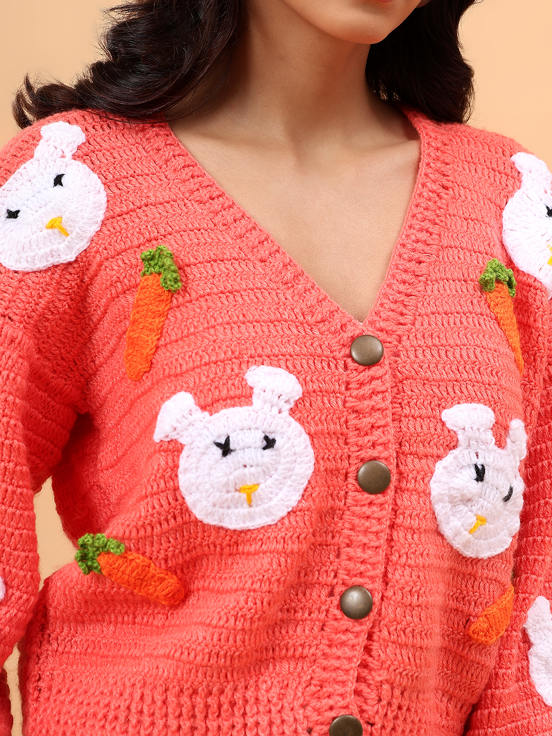 Velvery Crochet Rabbit and Carrot Cardigan - Peach