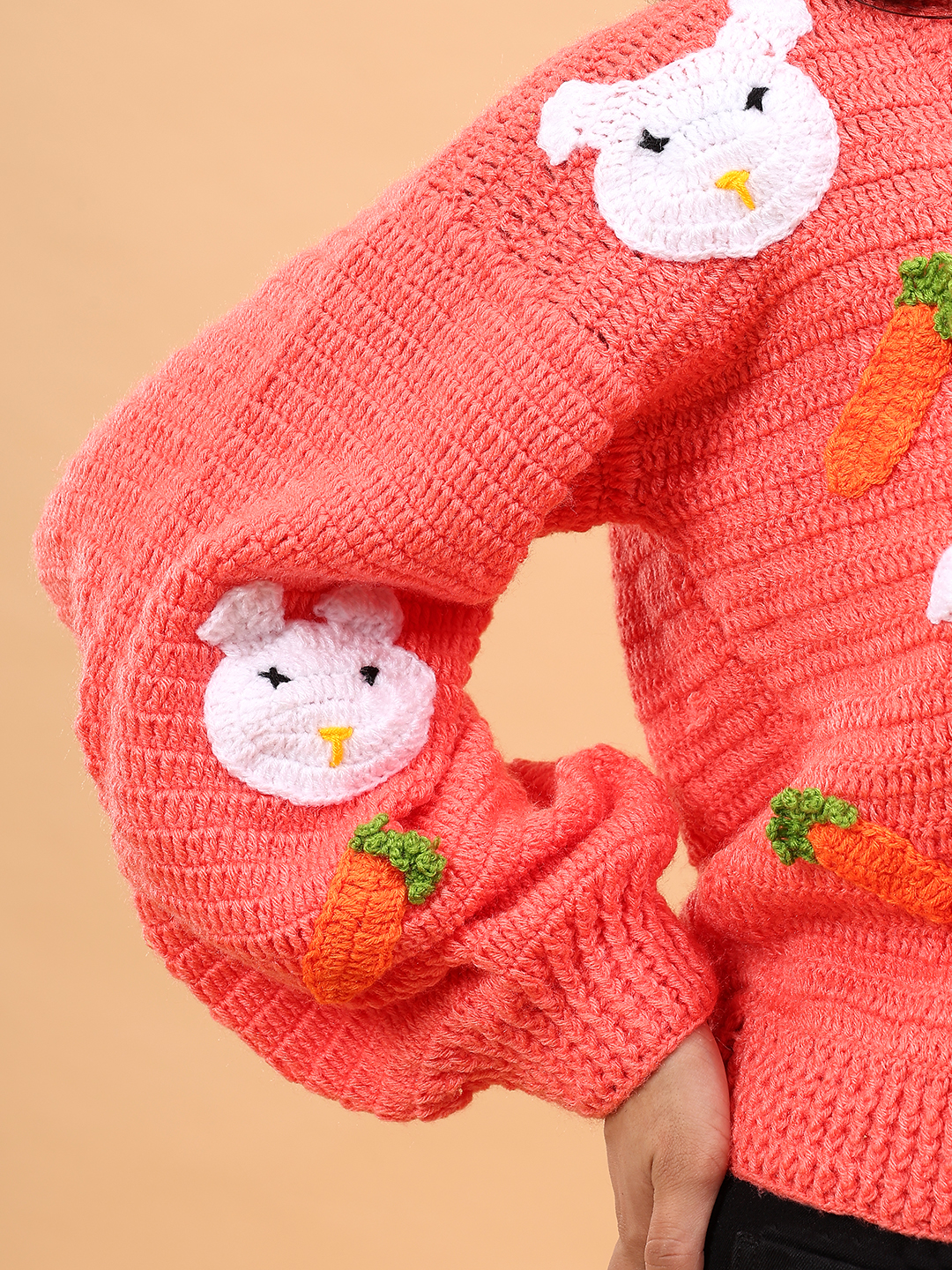 Velvery Crochet Rabbit and Carrot Cardigan - Peach