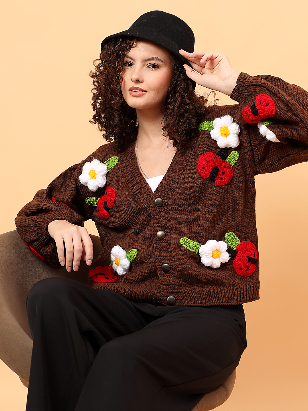 Velvery V-Neck Floral Cardigan with Ladybugs - Brown