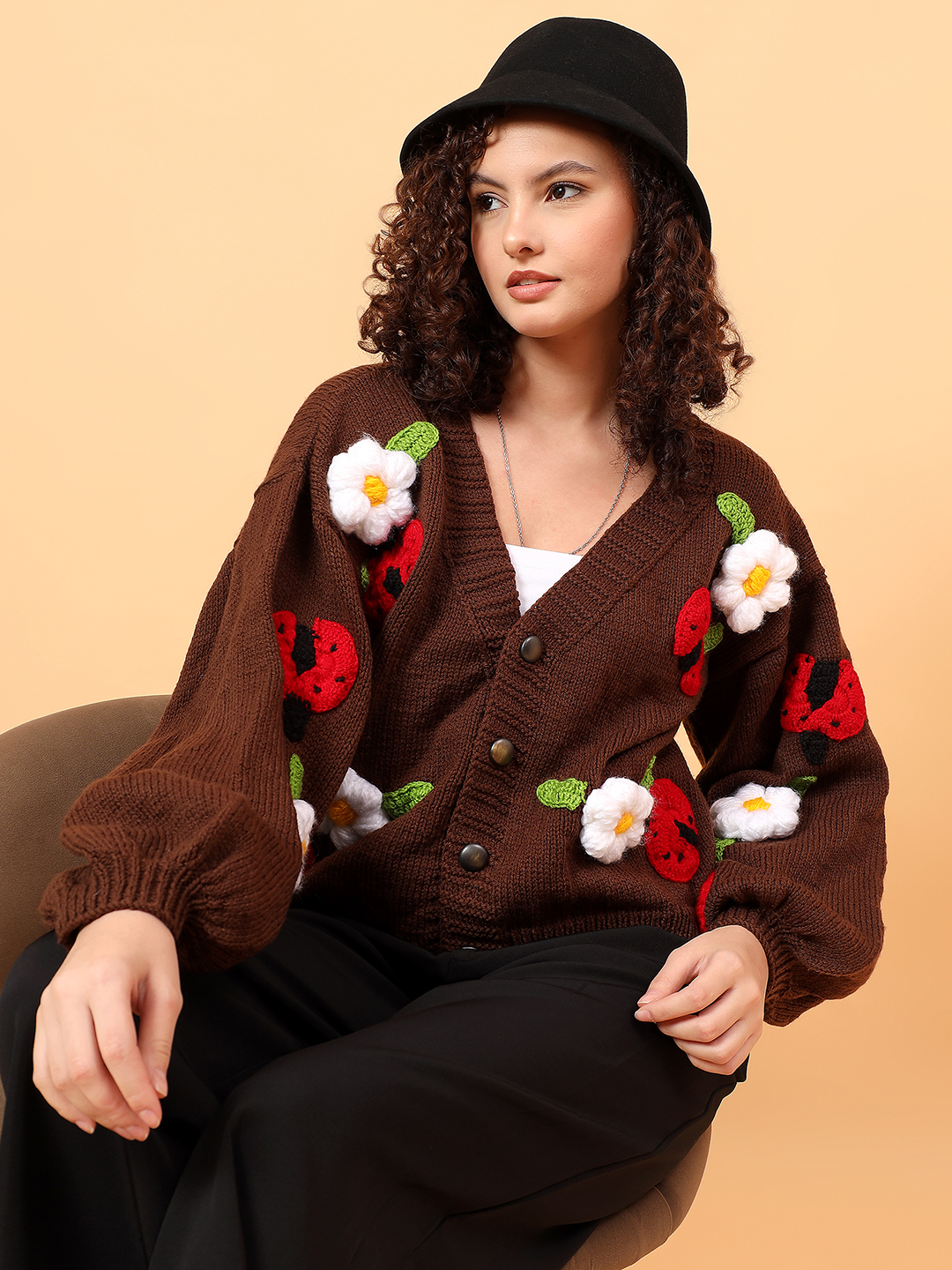 Velvery V-Neck Floral Cardigan with Ladybugs - Brown