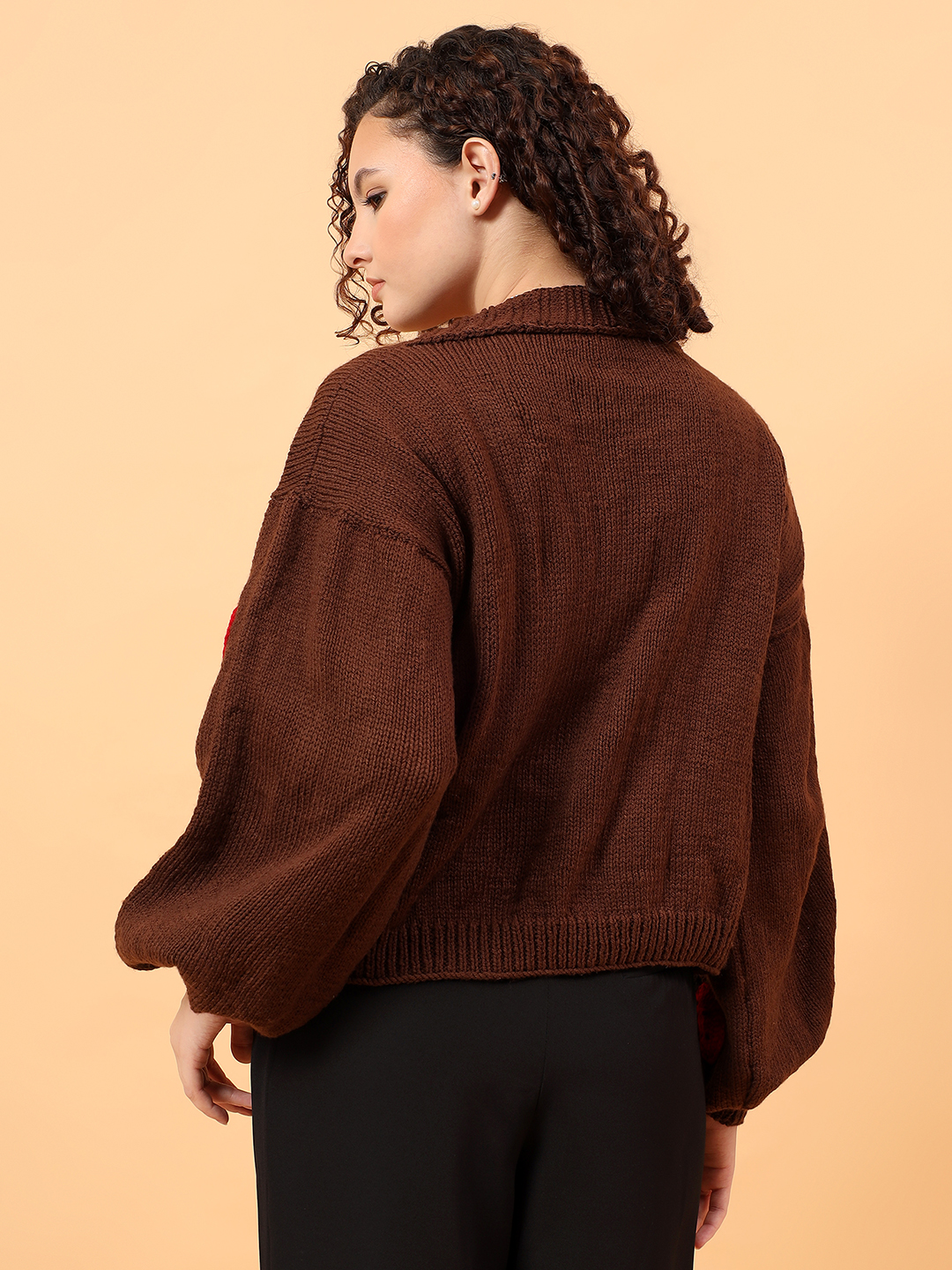 Velvery V-Neck Floral Cardigan with Ladybugs - Brown