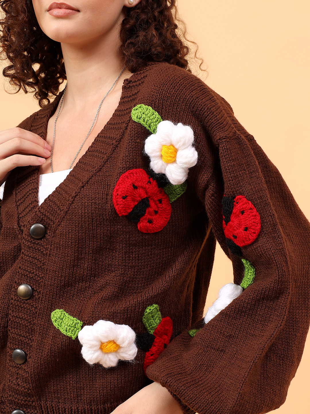 Velvery V-Neck Floral Cardigan with Ladybugs - Brown