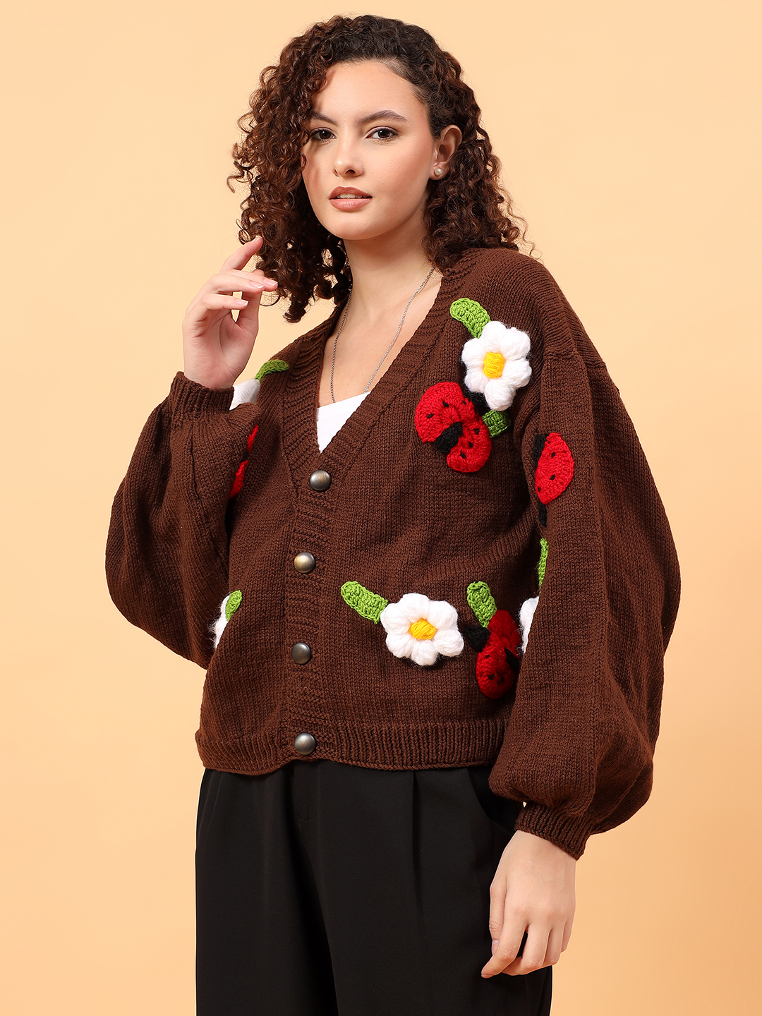 Velvery V-Neck Floral Cardigan with Ladybugs - Brown
