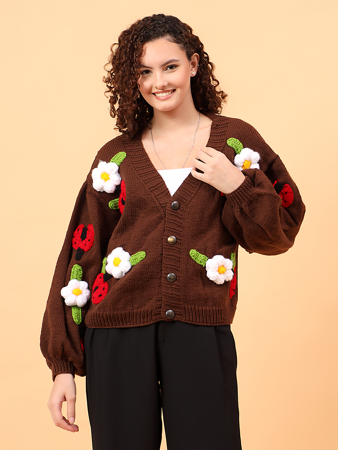 Velvery V-Neck Floral Cardigan with Ladybugs - Brown