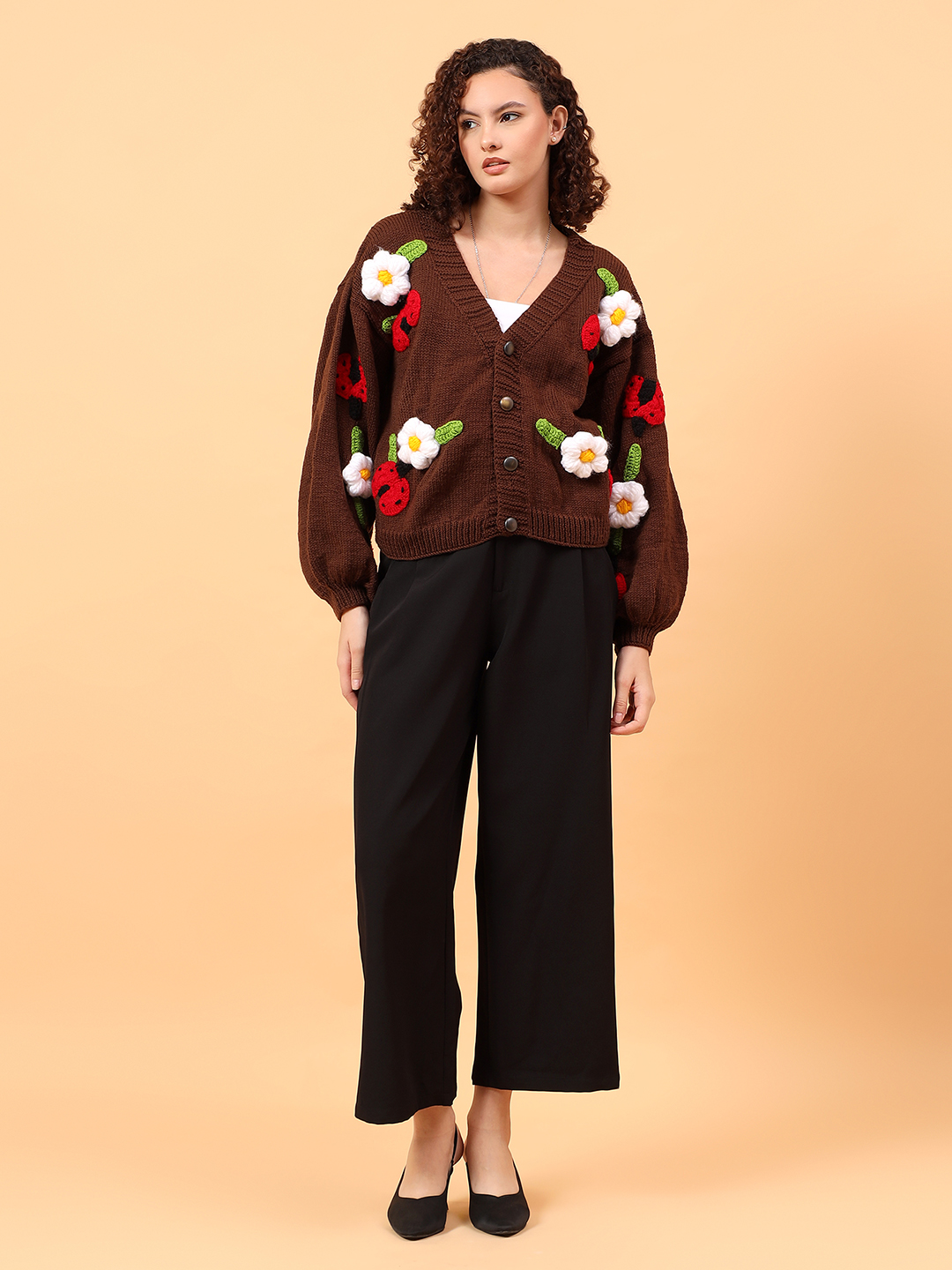 Velvery V-Neck Floral Cardigan with Ladybugs - Brown