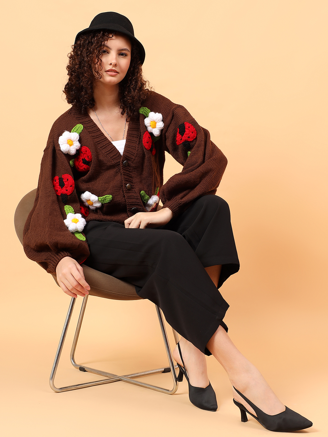 Velvery V-Neck Floral Cardigan with Ladybugs - Brown
