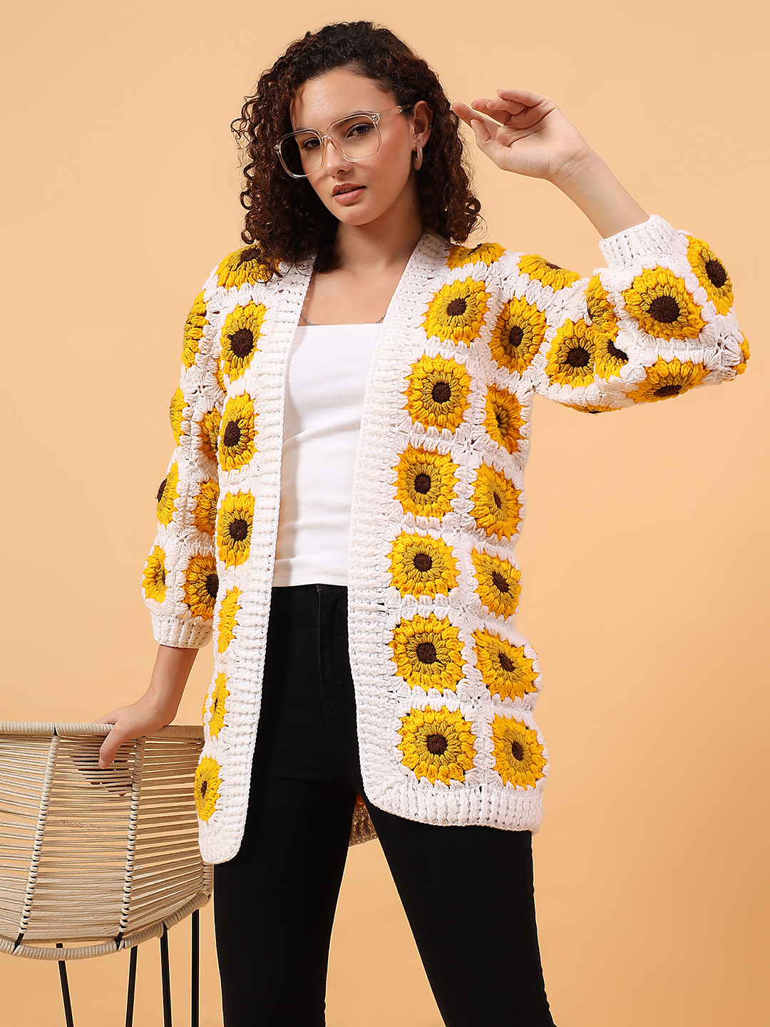 Velvery Sunflower Long Cardigan - White