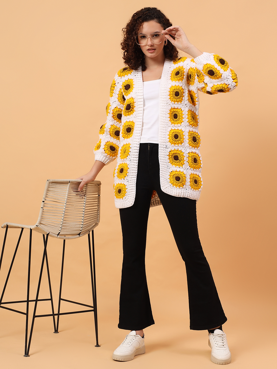 Velvery Sunflower Long Cardigan - White