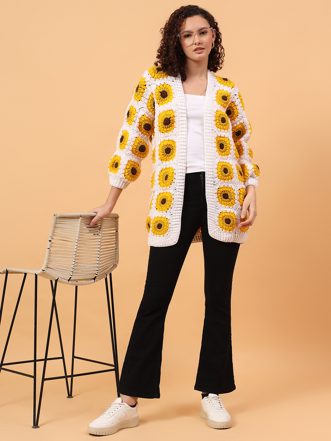 Velvery Sunflower Long Cardigan - White