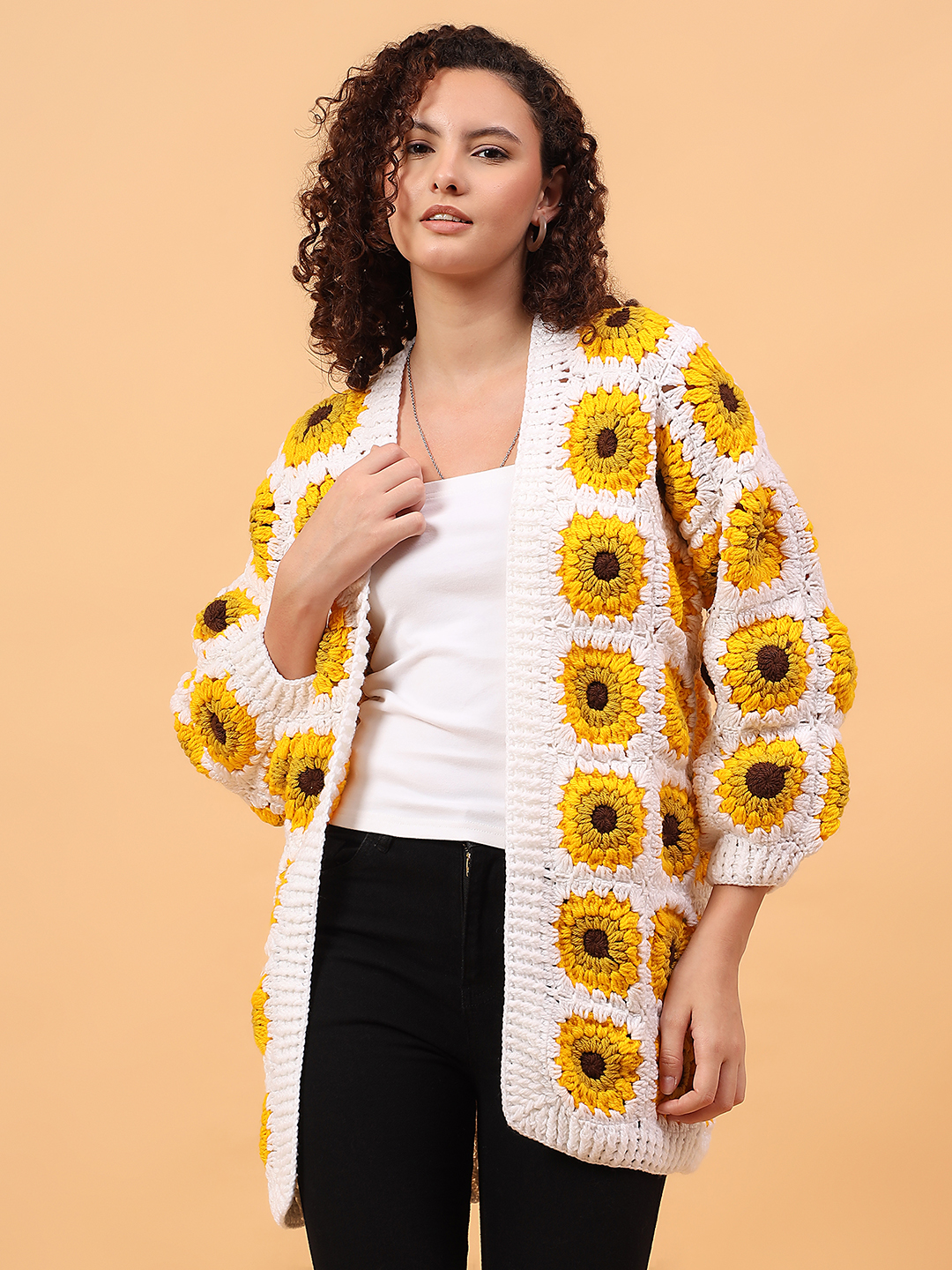 Velvery Sunflower Long Cardigan - White