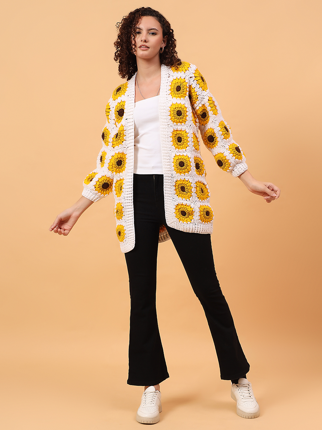 Velvery Sunflower Long Cardigan - White