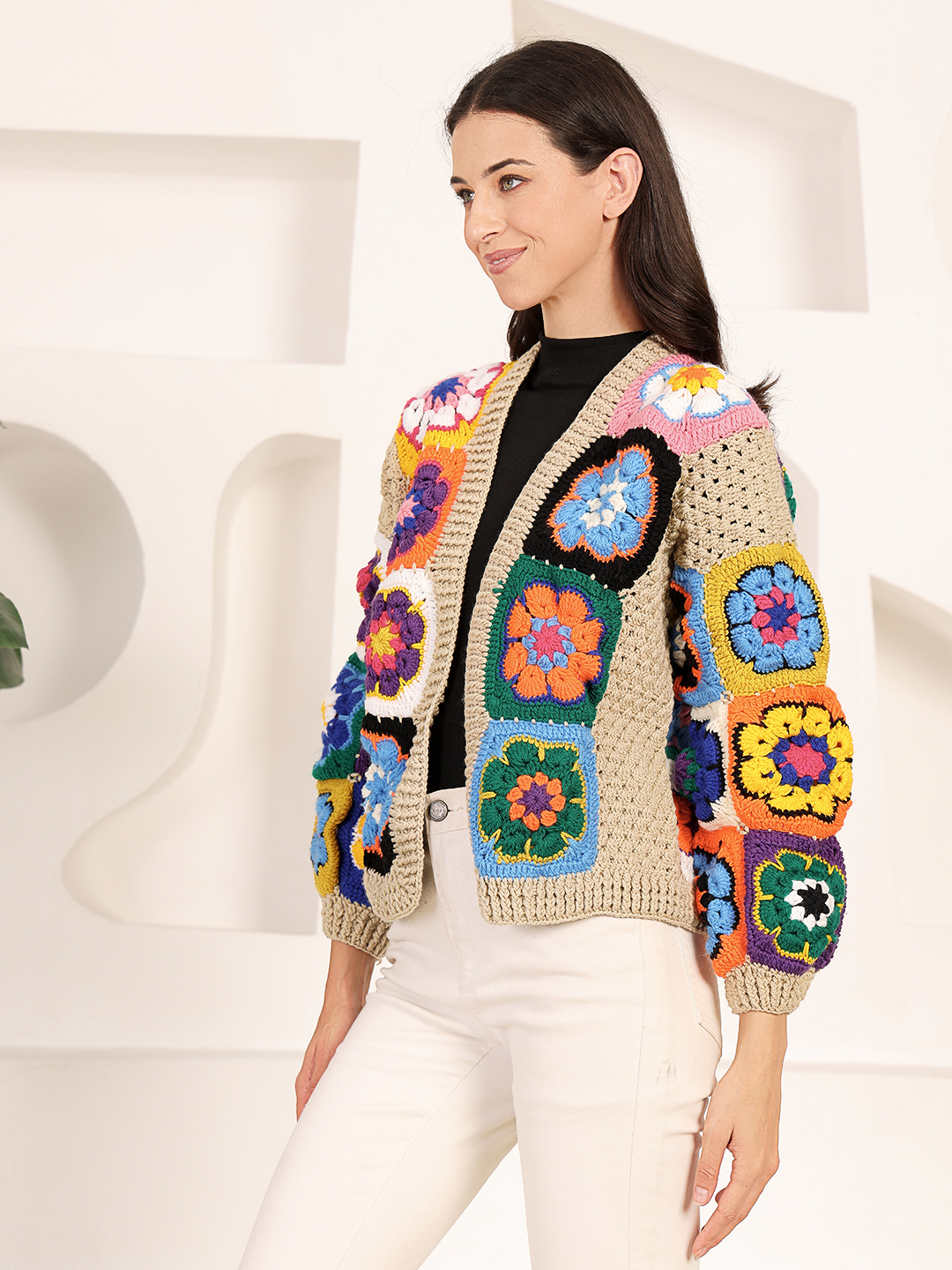Velvery Crochet Front Open Granny Square Sweater - Beige