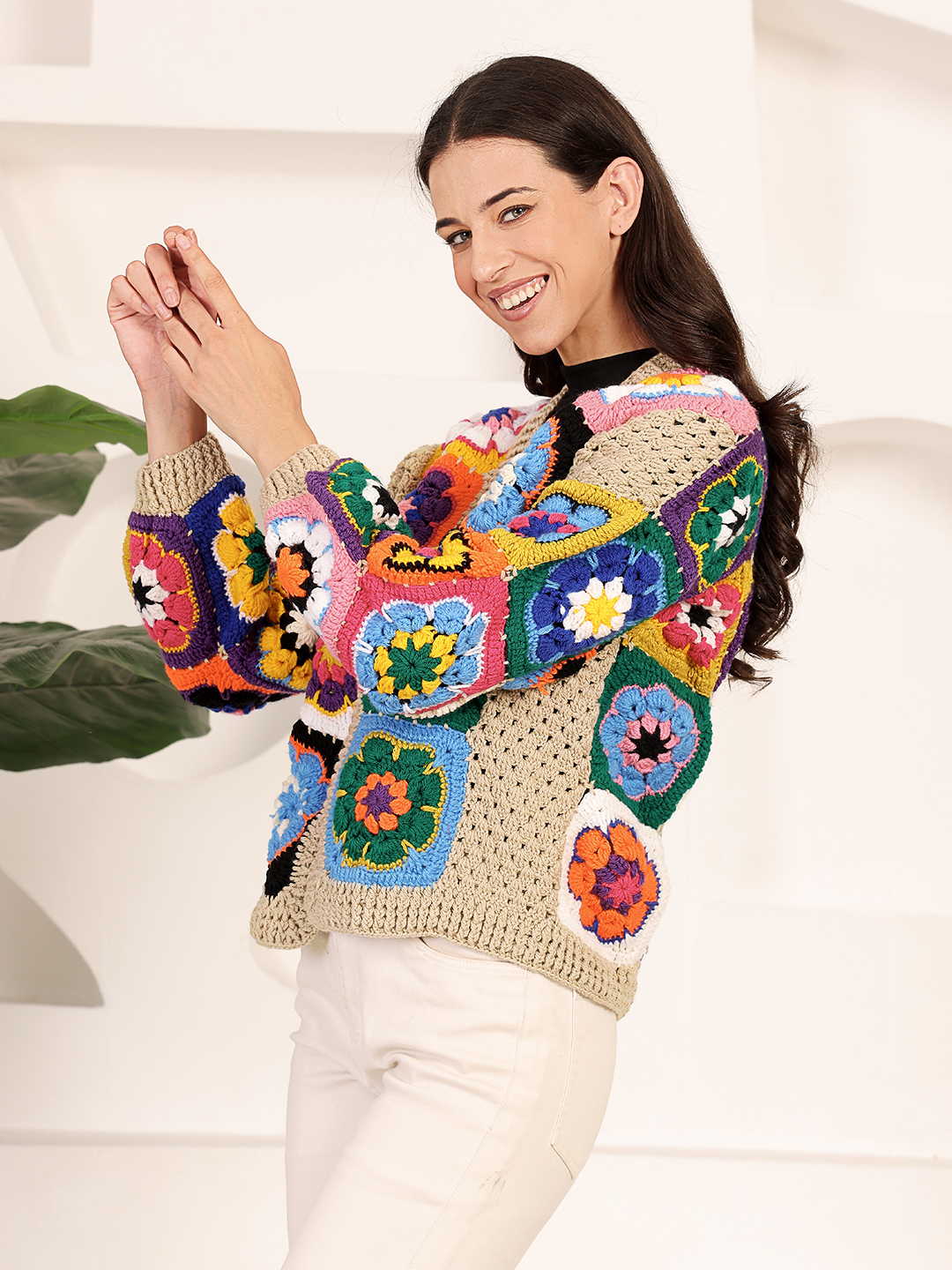 Velvery Crochet Front Open Granny Square Sweater - Beige