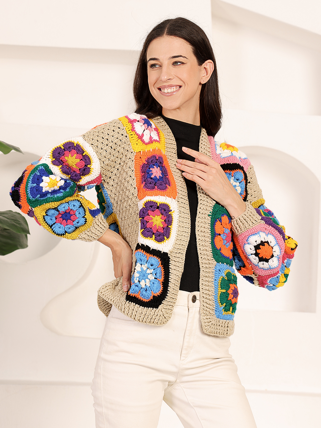 Velvery Crochet Front Open Granny Square Sweater - Beige