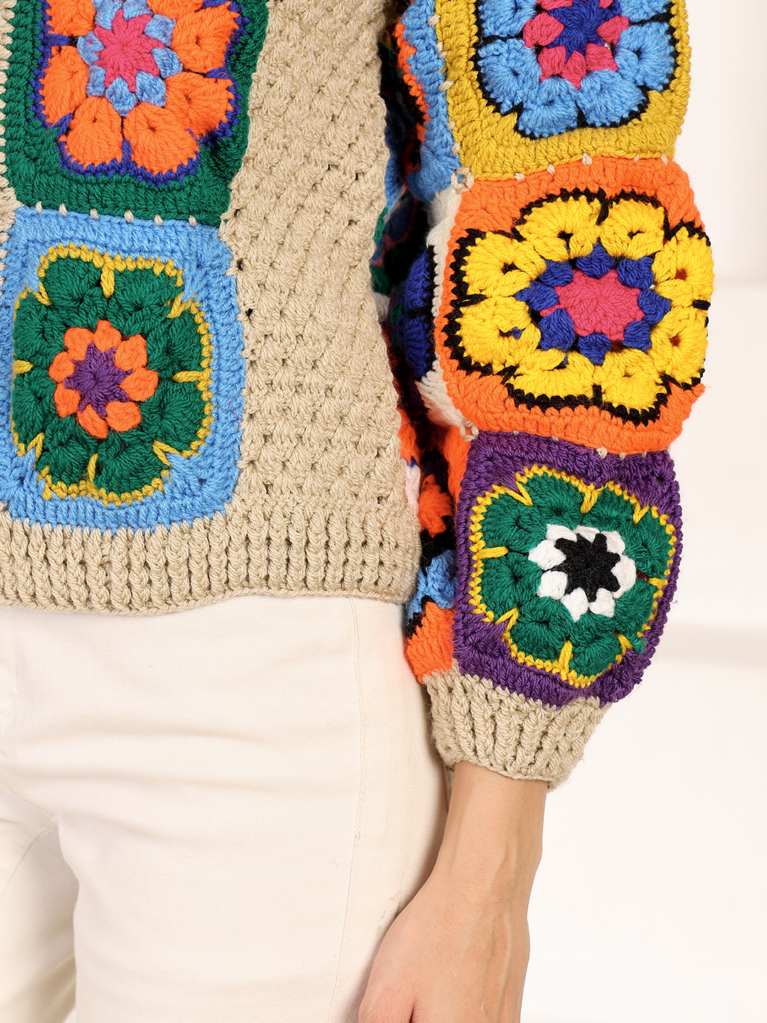 Velvery Crochet Front Open Granny Square Sweater - Beige