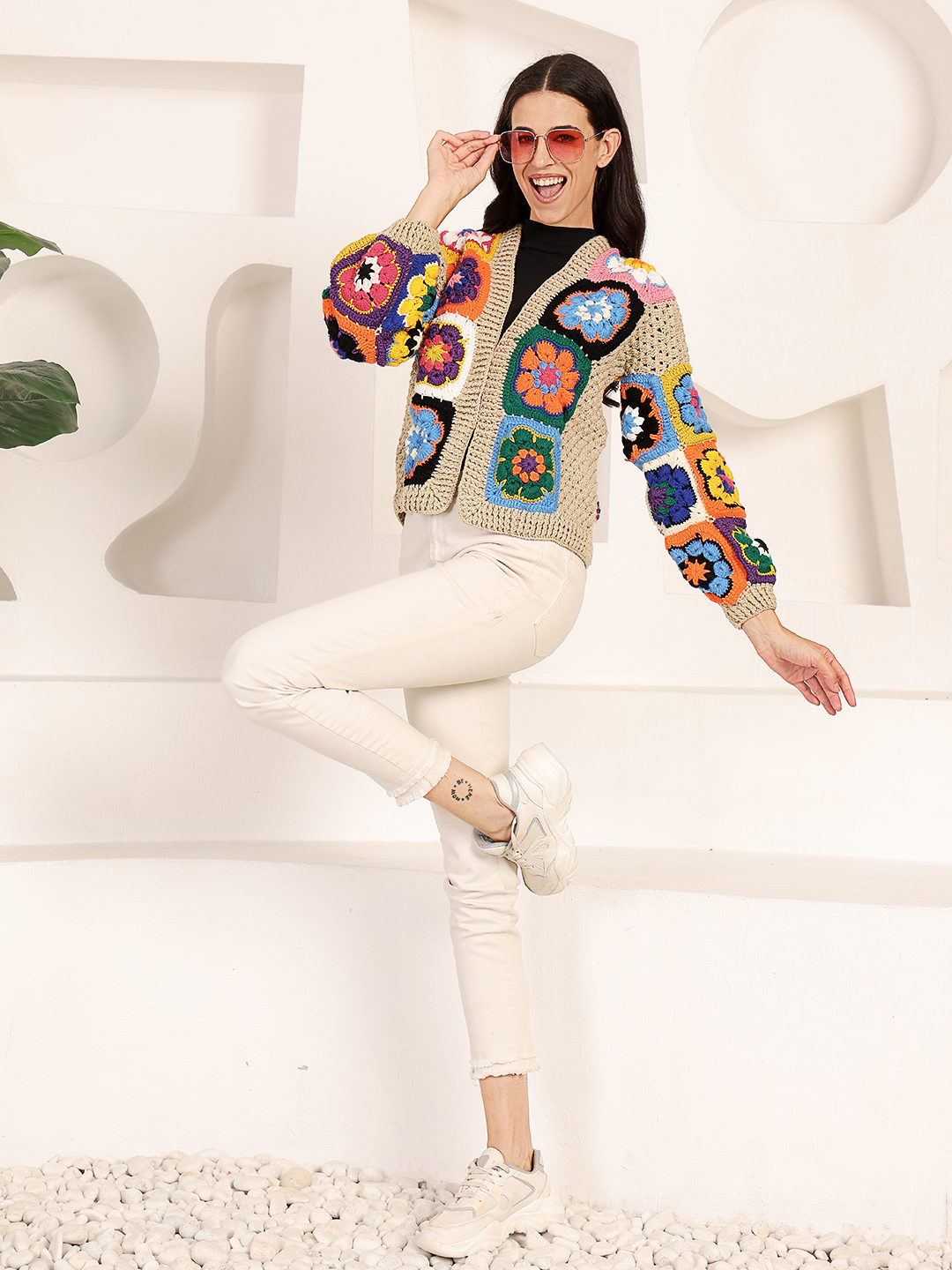 Velvery Crochet Front Open Granny Square Sweater - Beige
